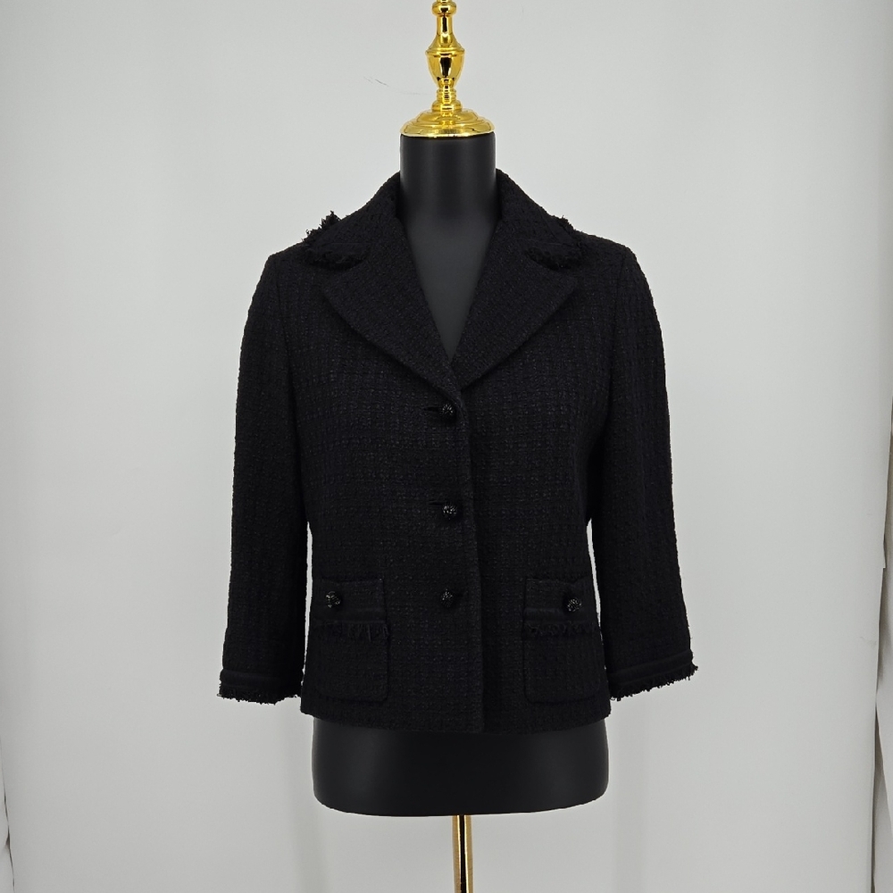 Talbots Black Woven Tweed Fringe Cropped Beaded Elegant Black Women's Blazer 8p